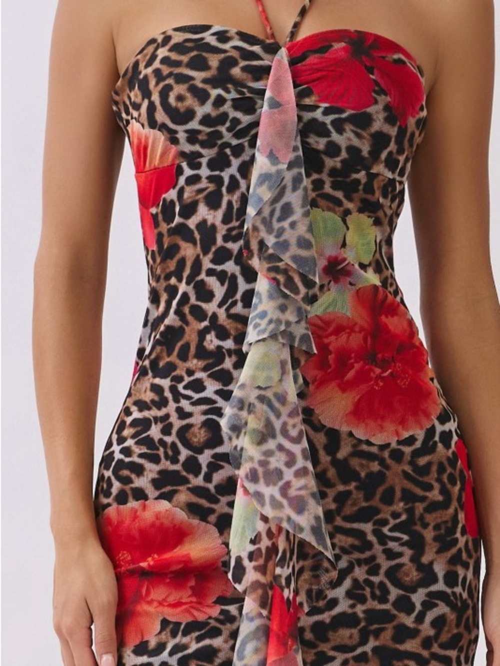 Strapless Red Floral Leopard Ruffle Midi Dress - Picture 5 of 6